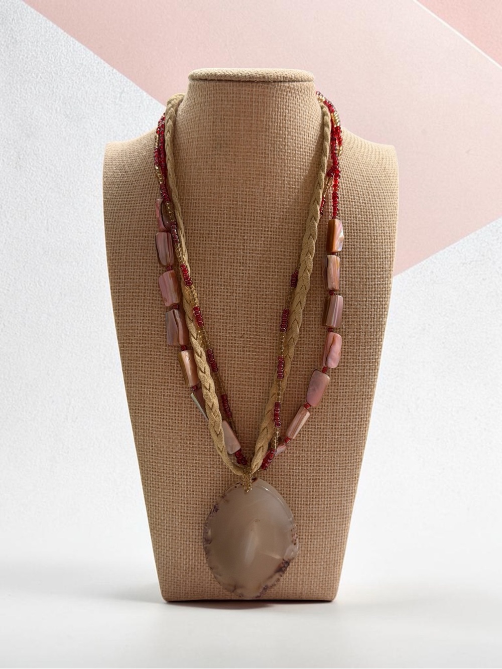 Handcrafted Pink & Beige Agate Pendant Layered Necklace